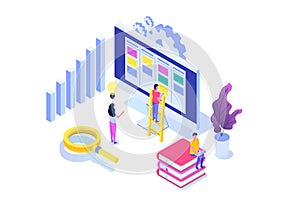 Scrum or canban task board isometric concept. Notes for agile software development.