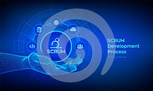 SCRUM icon in robotic hand. Agile development methodology process. Iterative sprint methodology. Programming and application