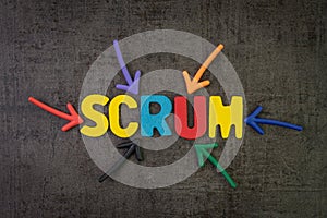 Scrum master method for agile software development concept, multi color arrows pointing to the word Scrum at the center of black