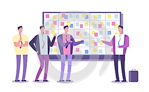 Scrum planning board. Employees planning work at taskboard. Business process leaning and meeting vector concept