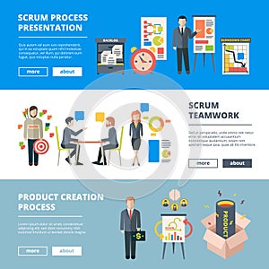 Scrum processes. Teamwork agile sprints software production collaboration project time management vector horizontal