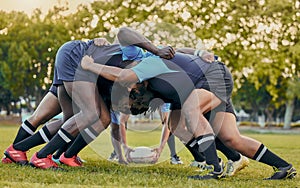 Scrum, sports and men playing rugby, catching a ball and preparing for a game on the field. Ready, together and