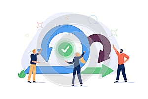 Scrum sprint methodology as agile development process tiny person concept. Software integration and implementation.
