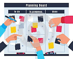 Scrum task board. Ream project collaboration, cartoon hands pointing on kanban board with tasks. Vector agile planning