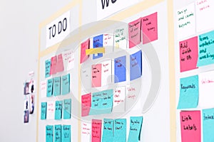 Scrum task board with stickers on wall in office