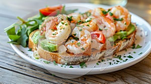 Scrumptious avocado and shrimp toast on elegant white plate at delightful street cafe setting photo