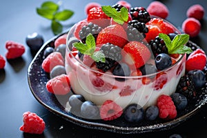Scrumptious Berries cream dessert. Generate AI photo