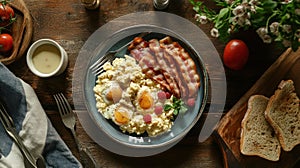 Scrumptious breakfast plate with scrambled eggs, bacon, and raspberries