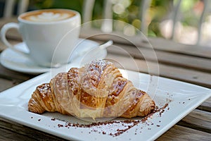 Scrumptious chocolate croissant with frothy cappuccino in a charming outdoor cafe setting photo
