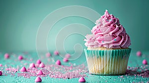Scrumptious cupcake with pink frosting photo