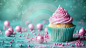 Scrumptious cupcake with yummy pink frosting photo
