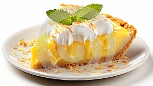 Scrumptious Lemon Meringue Pie Slice on Plate, Isolated on White Background. photo