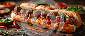Concept Food Photography, Sandwiches, Scrumptious Meatball Sub Delight with Cheese and Herbs photo