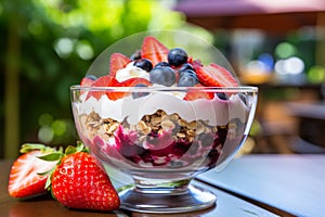 Scrumptious and nutritious oatmeal yogurt dessert with a medley of fresh, juicy berries