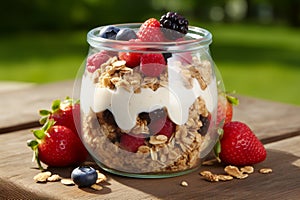 Scrumptious oatmeal yogurt parfait topped with a medley of luscious mixed berries