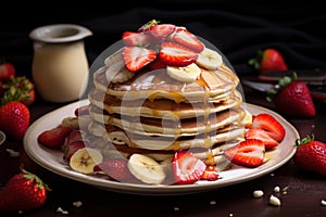 Scrumptious Pancakes banana honey strawberry. Generate Ai photo