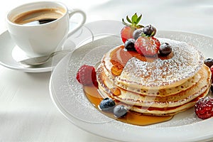 Scrumptious pancakes with syrup, summer berries, and cappuccino on elegant white table setting photo