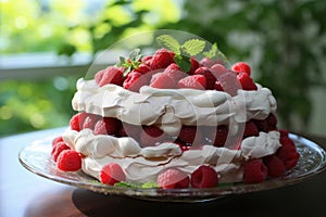 Scrumptious Pavlova cake raspberries. Generate Ai