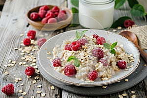 Scrumptious raspberry oatmeal and a glass of milk elegantly presented on a rustic wooden table photo