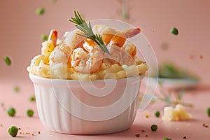 Scrumptious Shrimp Garnished Mashed Potatoes in a White Bowl on a Pink Background with Cheese Pieces photo