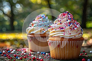 Scrumptious vanilla cupcakes topped with creamy frosting and patriotic sprinkles outdoors. photo