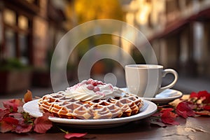 Scrumptious viennese waffles with fresh berries and sweet syrup on an outdoor cafe table