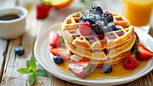 Scrumptious waffles with syrup, summer berries and orange juice on rustic wooden table photo