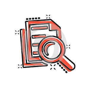 Scrutiny document plan icon in comic style. Review statement vector cartoon illustration pictogram. Document with magnifier loupe