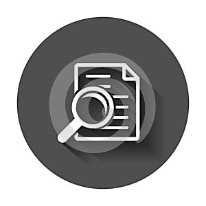 Scrutiny document plan icon in flat style. Review statement vector illustration with long shadow. Document with magnifier loupe b