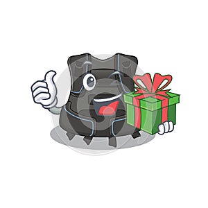 Scuba buoyancy compensator cartoon character concept with a big gift box