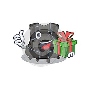 Scuba buoyancy compensator cartoon character concept with a big gift box photo