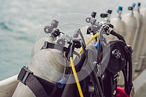 Scuba compressed air tank on boat. Ready for diving