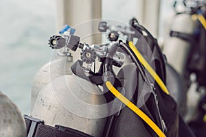 Scuba compressed air tank on boat. Ready for diving