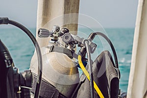 Scuba compressed air tank on boat. Ready for diving