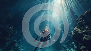 Scuba deep sea diver swimming in a deep ocean cavern ,generated with AI.