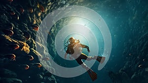 Scuba deep sea diver swimming in a deep ocean cavern ,generated with AI.