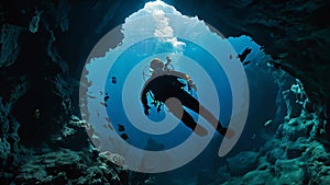 Scuba deep sea diver swimming in a deep ocean cavern. Underwater