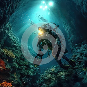 Scuba deep sea diver swimming in a deep ocean cavern, Underwater exploration