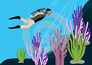 Scuba dive in flat style on blue background. Vector design.Diving girl`s immersion underwater world among algae, corals