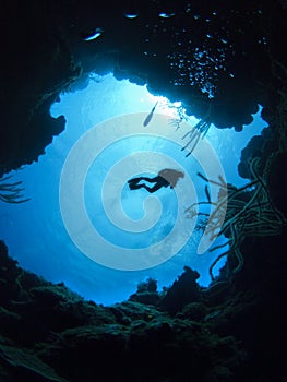 Scuba Diver above underwater cave