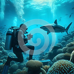 Scuba diver on the background of a coral reef with sharks.