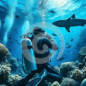 Scuba diver on the background of a coral reef with sharks.