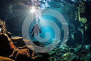 Scuba diver dives underwater in the ocean between coral reef