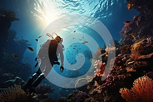 Scuba diver dives underwater in the ocean between coral reef