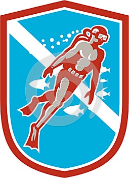 Scuba Diver Diving Going Up Shield Retro