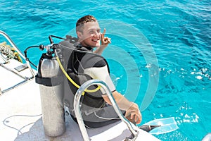A scuba diver before diving. guy in diving outfit preparing to dive into the ocean