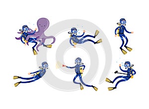 Scuba Diver Diving with Snorkeling Mask and Goggles Floating Underwater with Octopus and Flashlight Vector Set