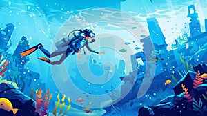 Scuba diver in diving suit with aqualung and sunken ancient city under water in sea or ocean. Modern illustration photo
