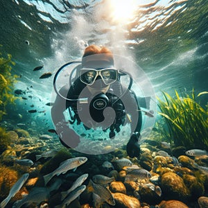 Scuba diver explores the crystal clear, shallow river waters