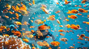Scuba diver explores a vibrant coral reef surrounded by tropical fish. Diver amongst colorful marine life. Concept of